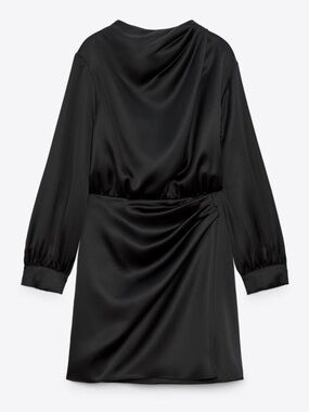 Zara Black Satin-Effect Long Sleeve Draped Mini Dress